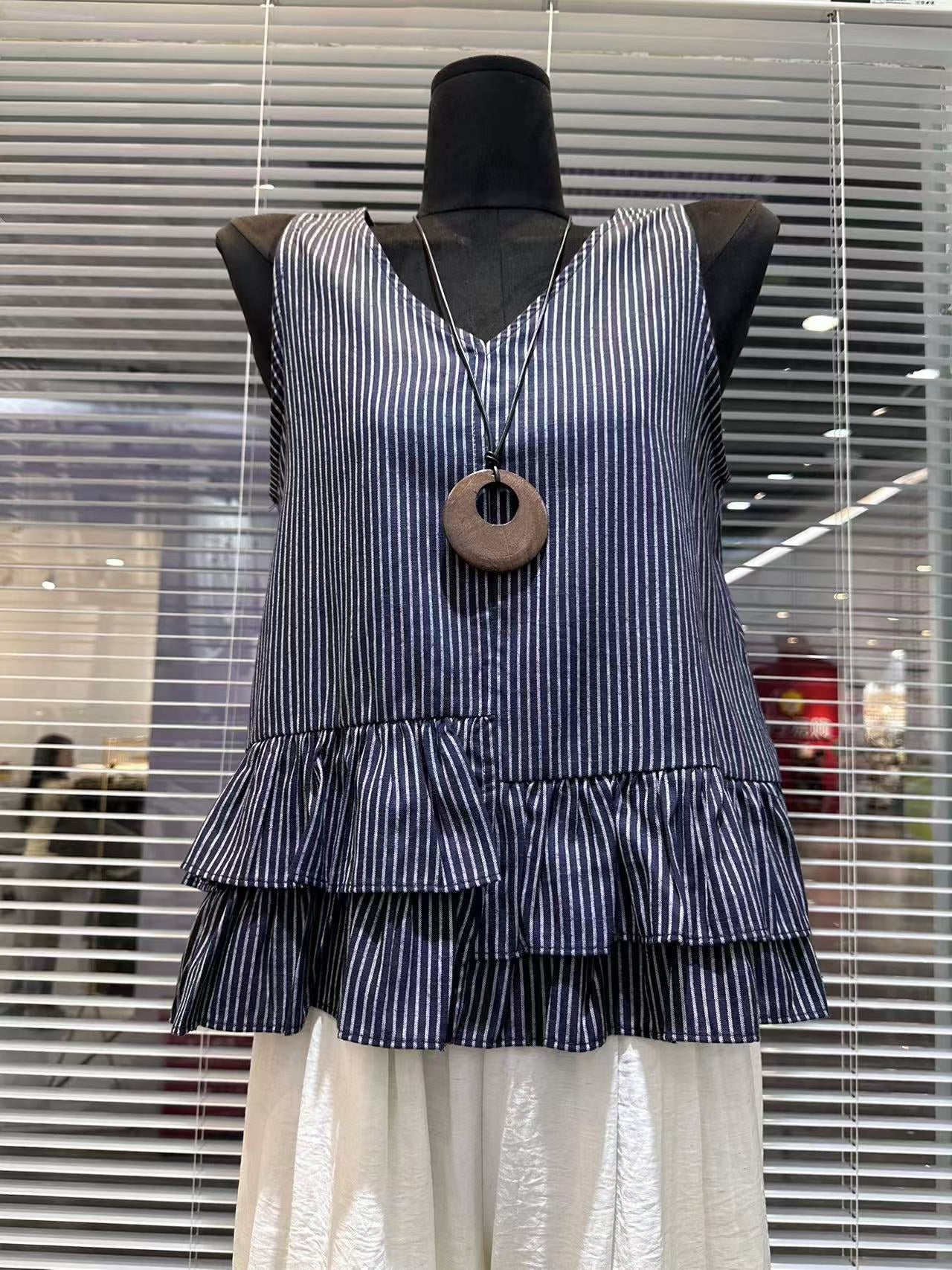 Vintage Striped Top and Linen Long Skirt Set